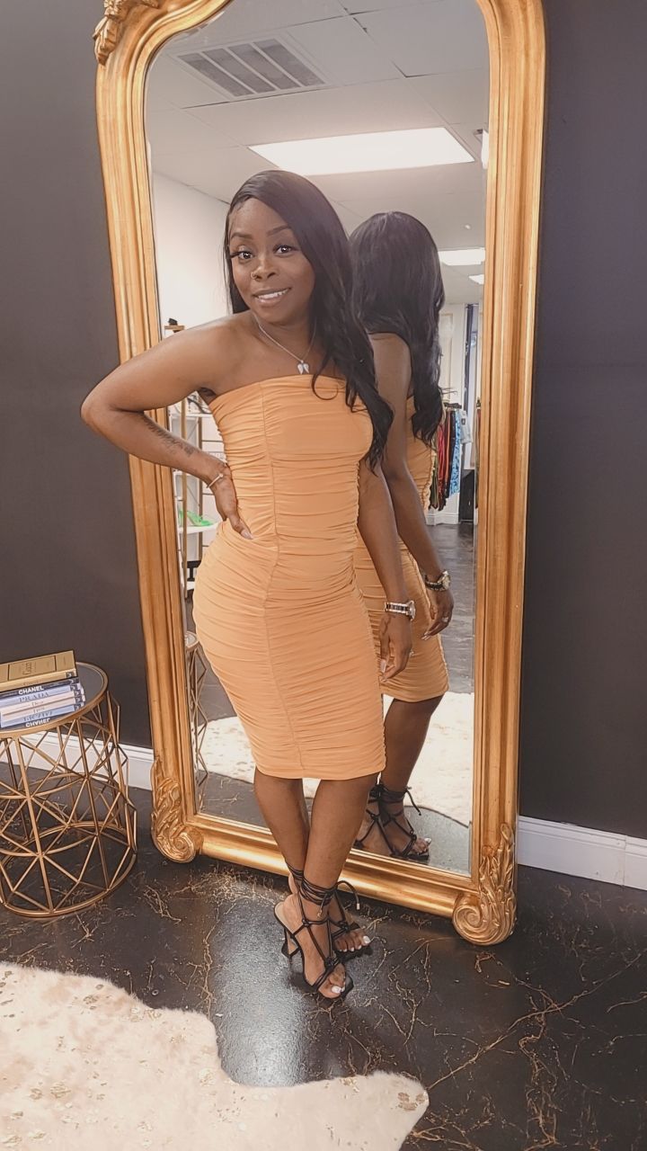 mustard brown dress Megan